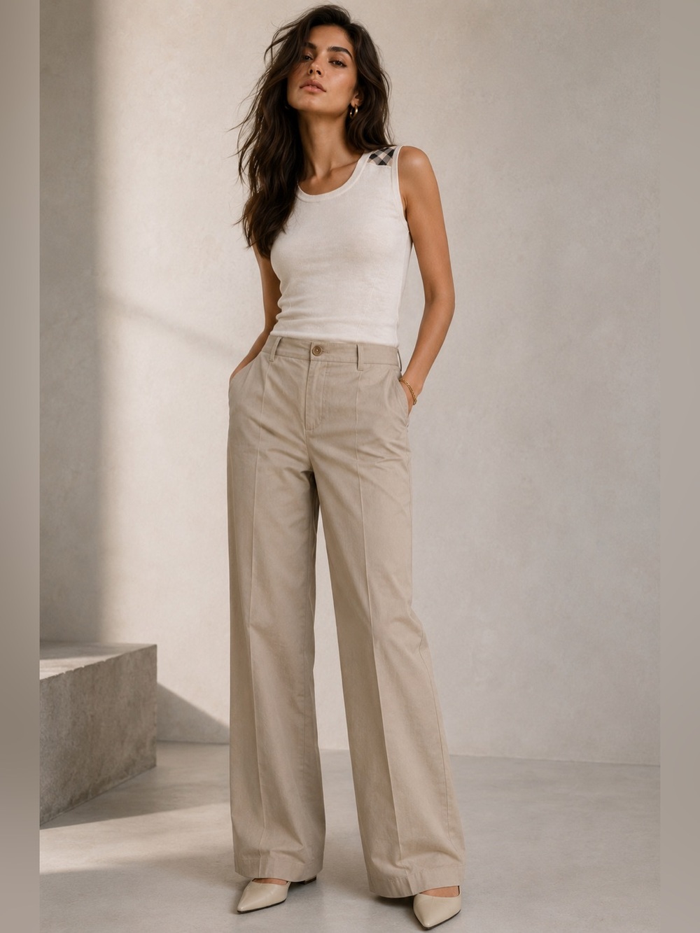 Burberry Beige Wide-Leg Trousers with Cream Tank